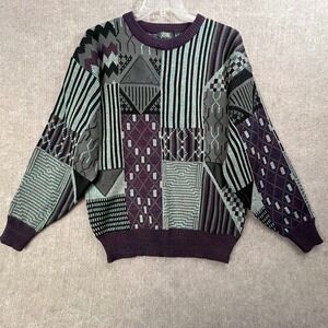 Vtg Stefano‎ Man Abstract Geometric Sweater Purple Gray Knit Size L 90s Grandpa